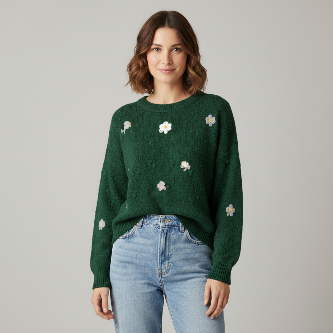 Women's Floral Embroidered Crew Neck Sweater