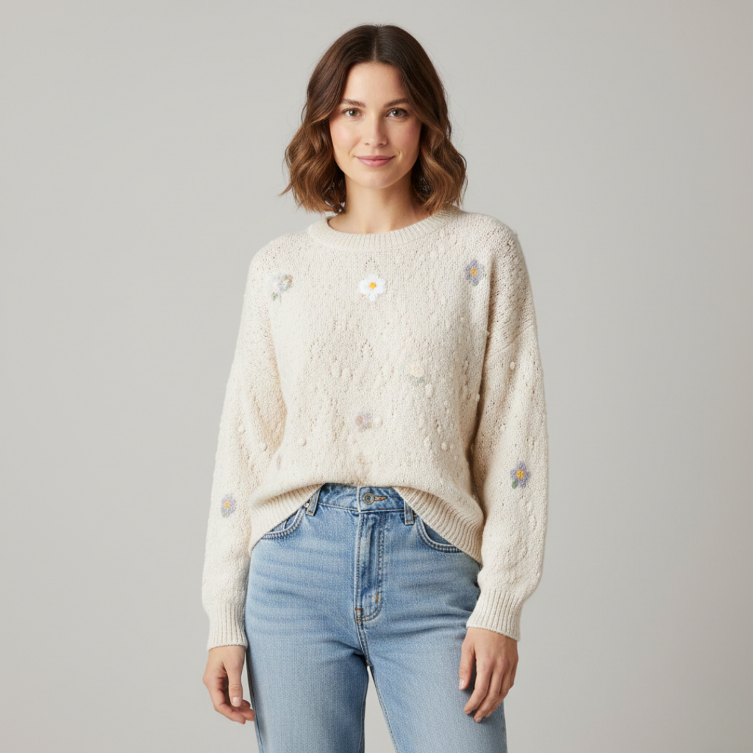 Women's Floral Embroidered Crew Neck Sweater