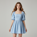 Women's Mini Dress with Square Neck and Puff Sleeves