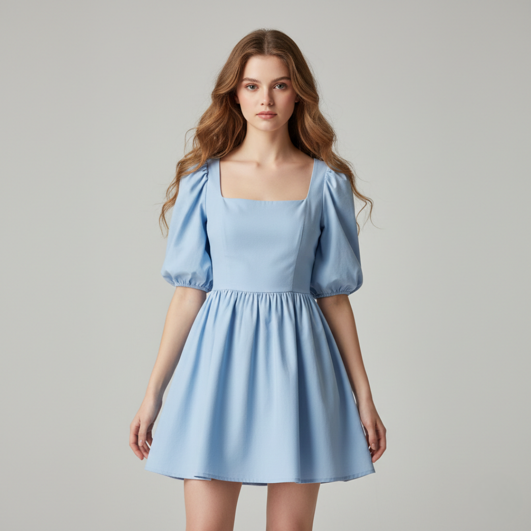 Women's Mini Dress with Square Neck and Puff Sleeves