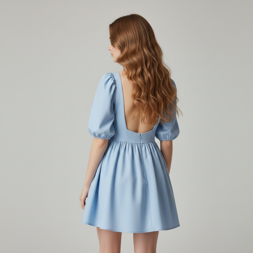 Women's Mini Dress with Square Neck and Puff Sleeves
